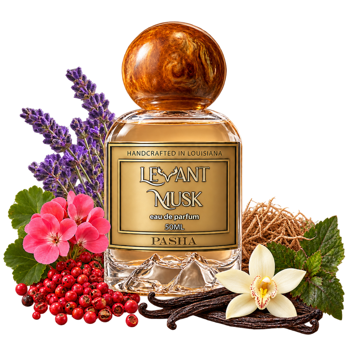 PASHA by Levant Musk bottle with notes on a transparent background: lavender, geranium, pink pepper; cypriol; vanilla and patchouli.
