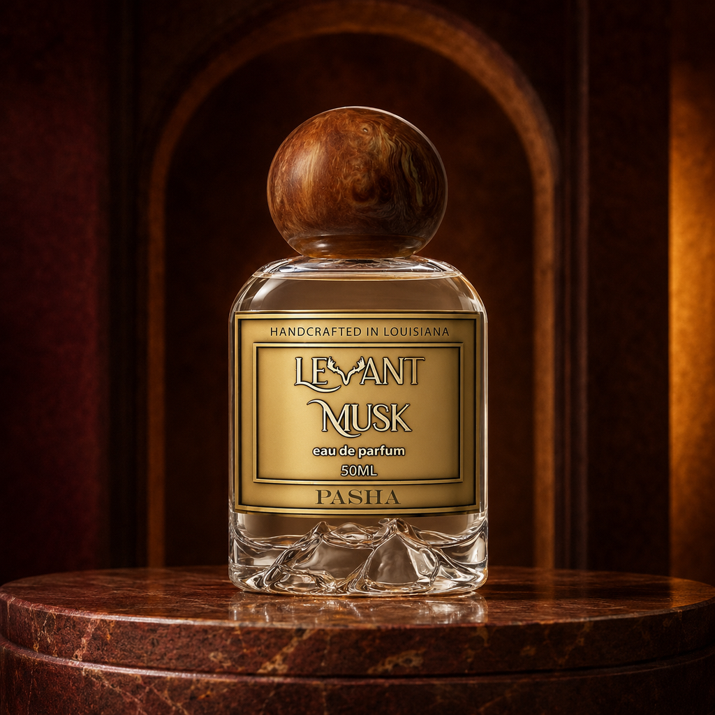 Levant Musk Pasha perfume bottle styled with notes of lavender, iris, and vanilla.