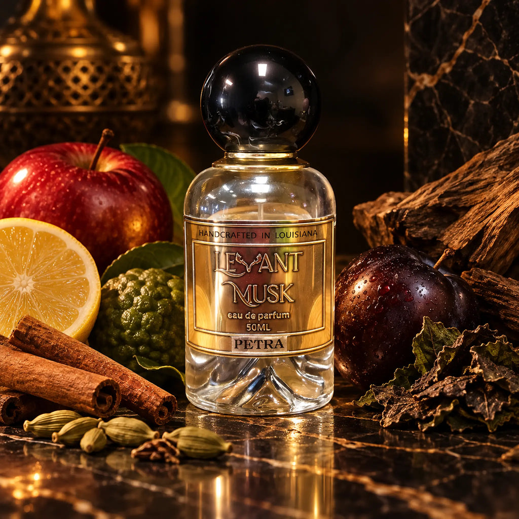 A bottle of Petra Levant Musk eau de parfum 50ml, styled with its scent notes including a red apple, lemon, cinnamon, cardamom, and wood on a dark marble surface.