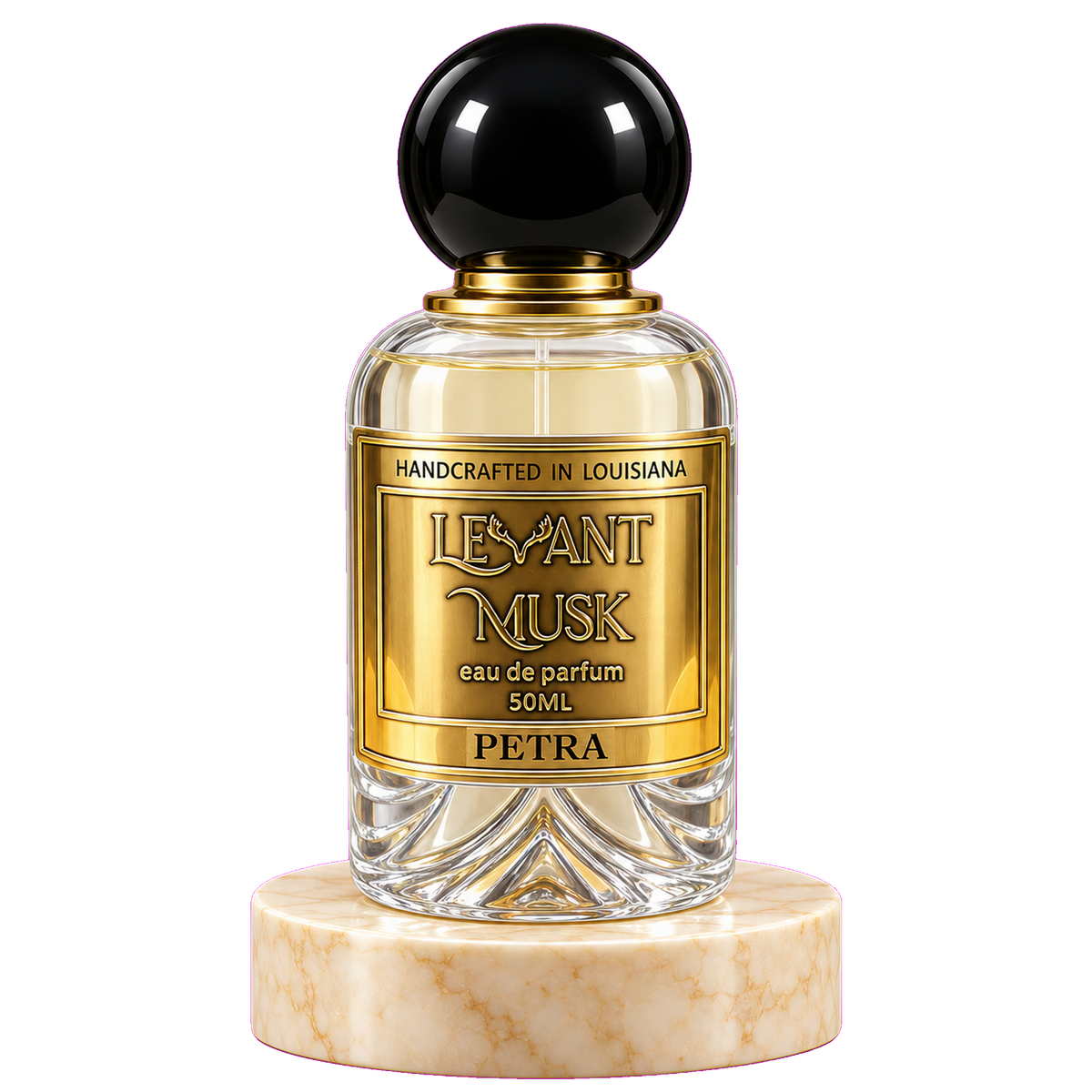 A 50ml bottle of Petra Levant Musk Eau de Parfum, featuring a clear glass body with a gold label, a black spherical cap, and a cream-colored marble base, set against a plain white background.