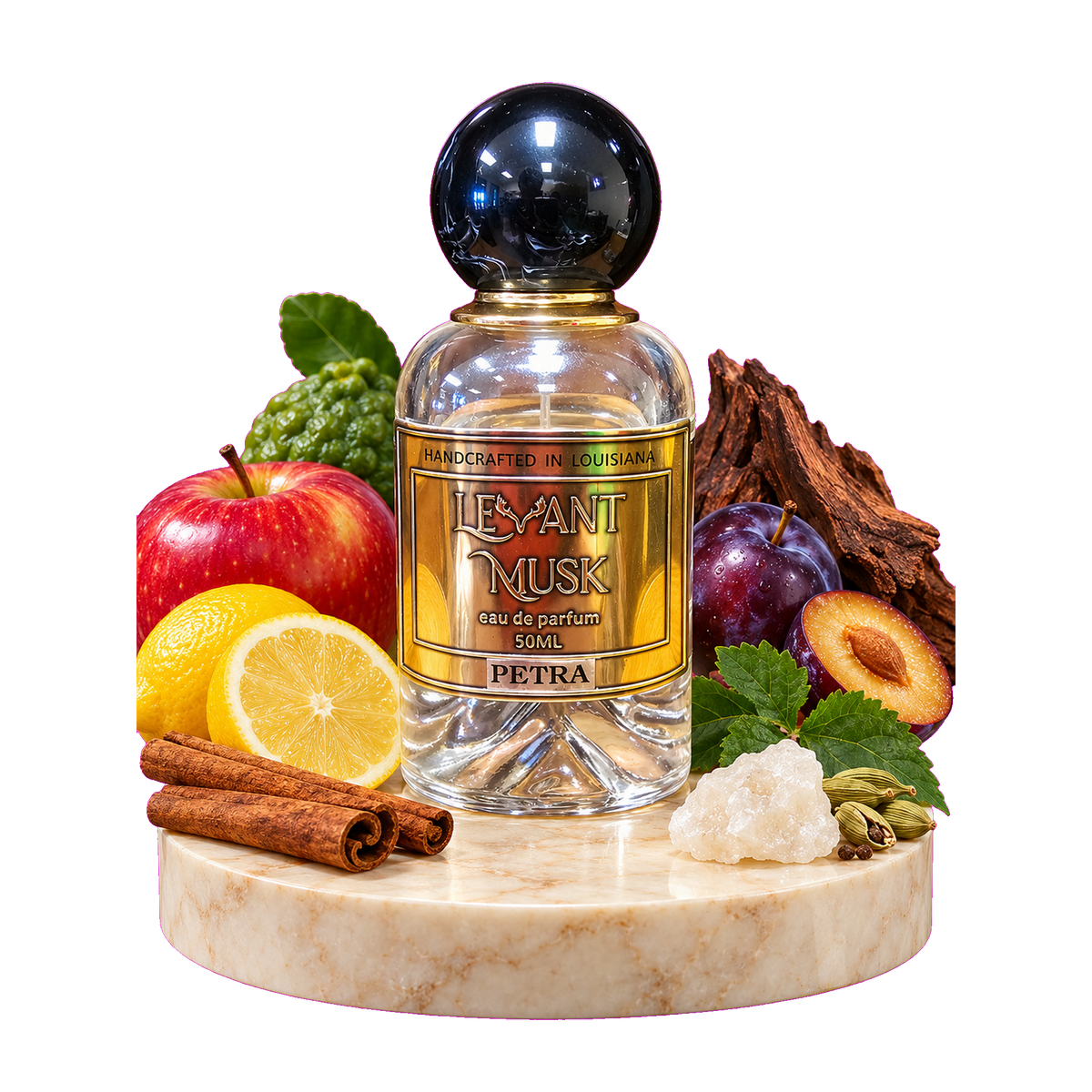 A perfume bottle labeled 'LEVANT MUSK' named Petra, displayed on a marble pedestal with fruit, spices, and wood pieces around it on a white background.