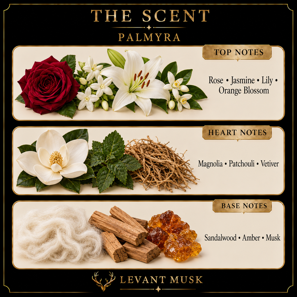 Scent profile graphic for 'The Scent Palmyra' by Levant Musk, featuring rose, jasmine, lily, magnolia, vetiver, sandalwood, amber, and musk notes in a clean, elegant layout with floral and botanical illustrations.