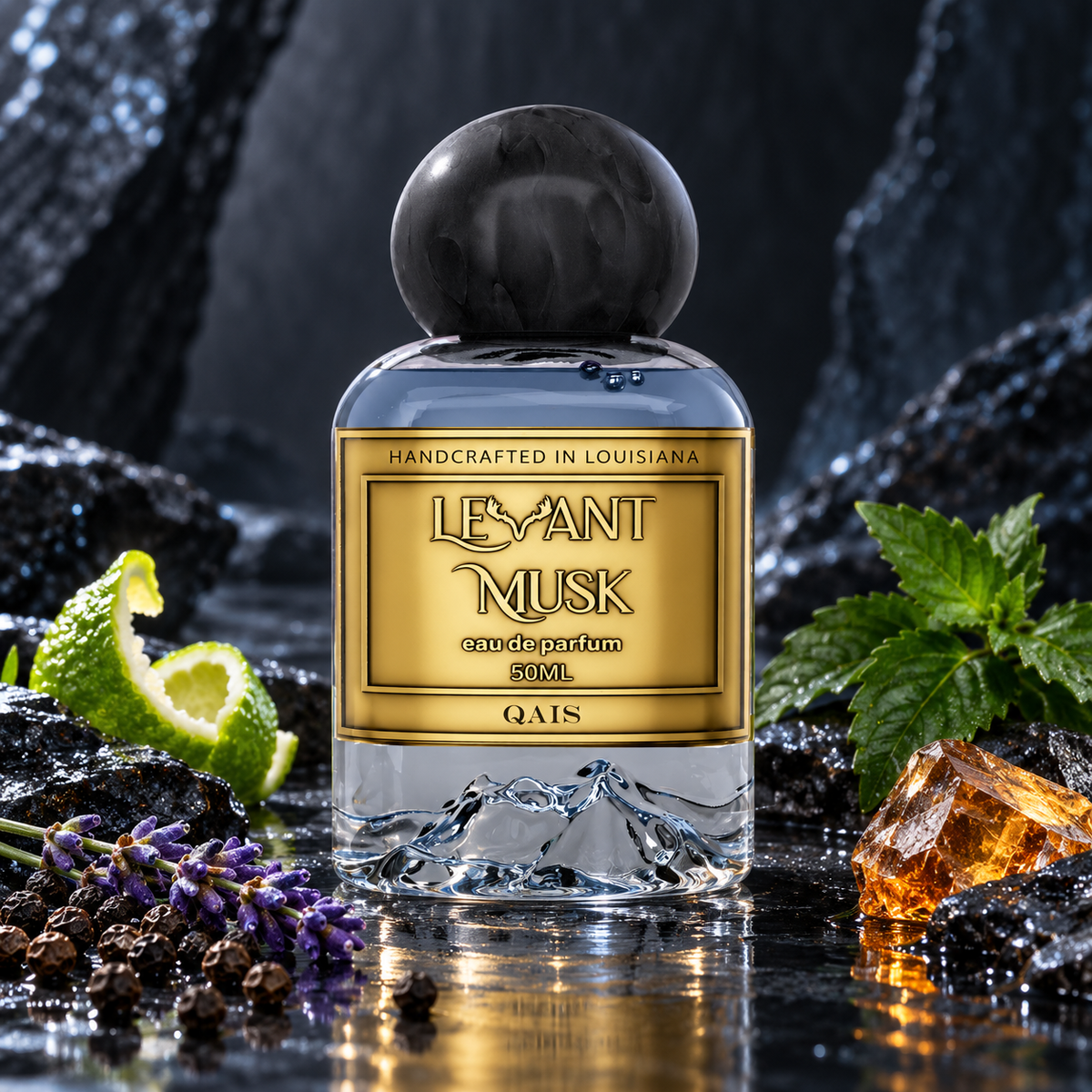 Levant Musk Qais perfume bottle styled with notes of bergamot, lavender, and ambroxan.
