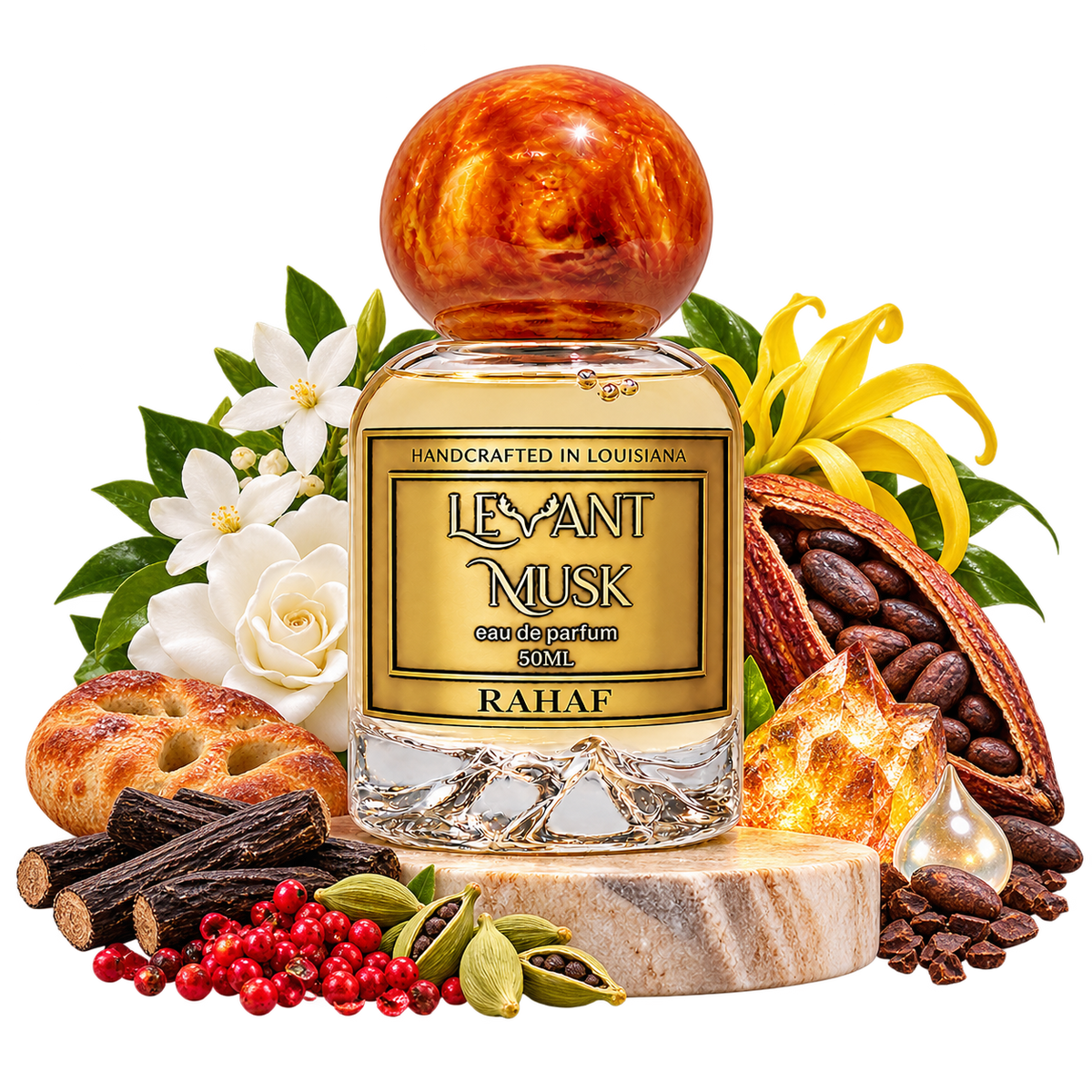RAHAF bottle with its corrected scent ingredients on a transparent background