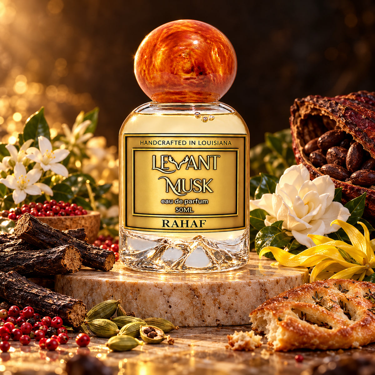 RAHAF by Levant Musk with orange-gold cap and corrected licorice, spice, white floral and cacao scent notes