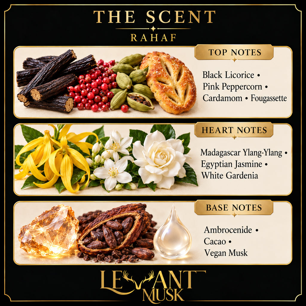 RAHAF scent notes: black licorice, pink peppercorn, cardamom, fougassette; Madagascar ylang-ylang, Egyptian jasmine, white gardenia; Ambrocenide, cacao, vegan musk