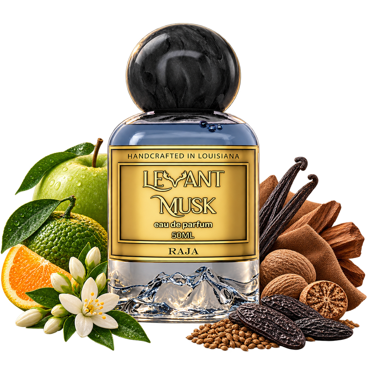 RAJA by Levant Musk bottle with notes cutout