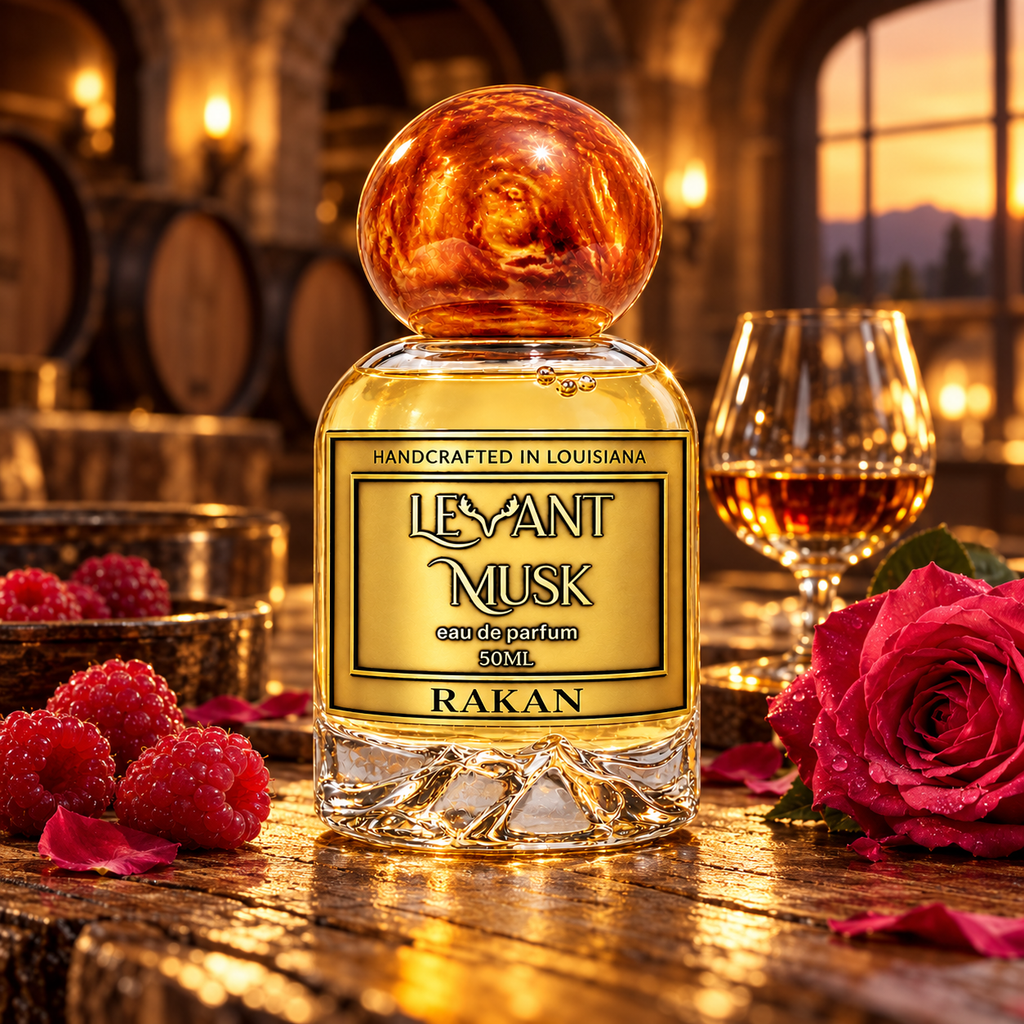 RAKAN Levant Musk eau de parfum in a cinematic scent-inspired setting.