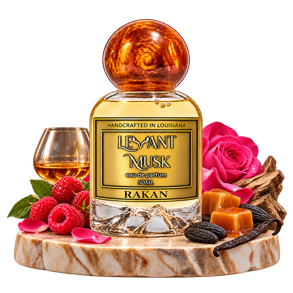 RAKAN by Levant Musk surrounded by selected scent-note illustrations, transparent background.