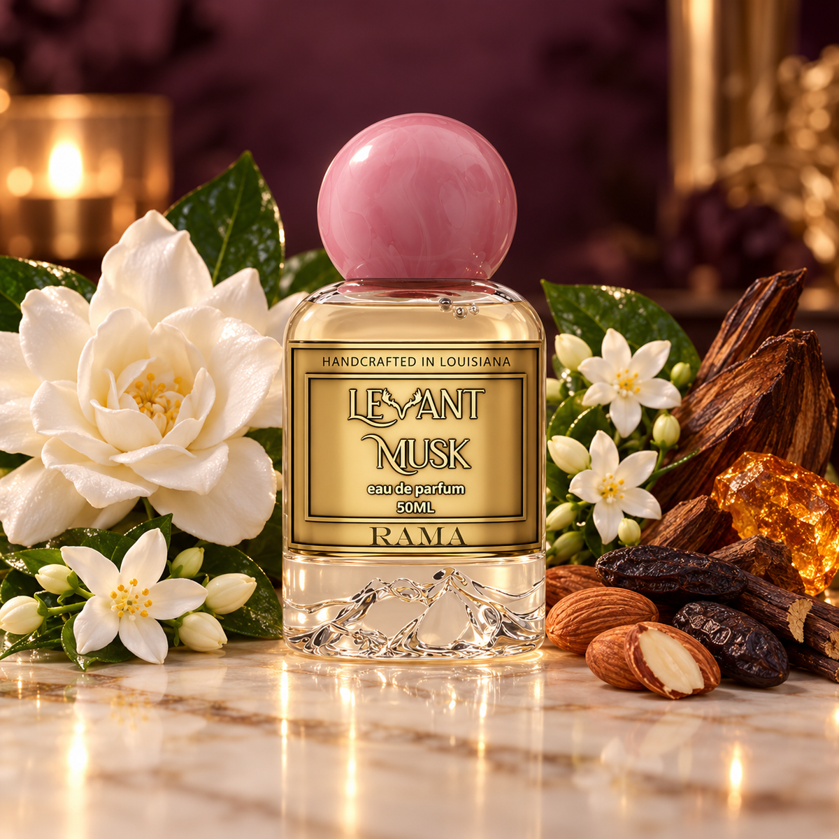 Levant Musk Rama perfume bottle styled with notes of gardenia, jasmine sambac, and tonka bean.
