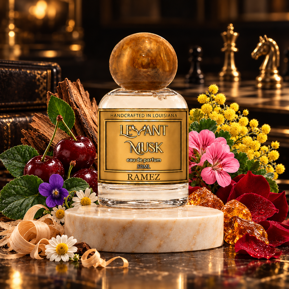 A perfume bottle labeled 'Levant Musk' named 'Ramez' sits on a marble pedestal, surrounded by cherries, flowers, wood, and amber-like decorative elements in a richly styled indoor setting.