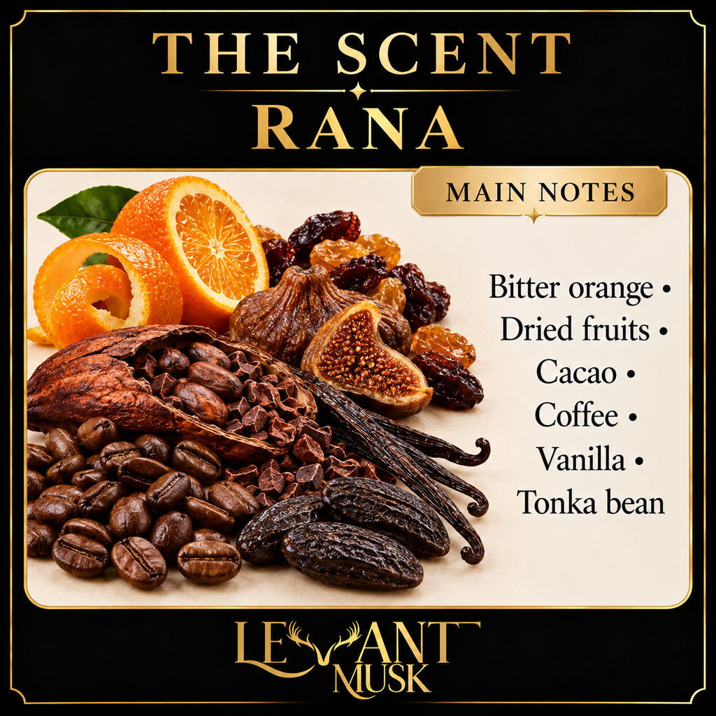 RANA Main Notes: Cacao; Vanilla; Tonka Bean; Bitter Orange; Dried Fruits; Coffee