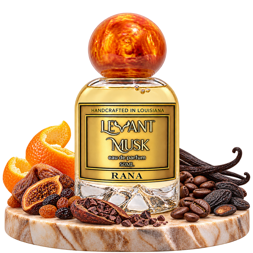 RANA by Levant Musk bottle with its approved fragrance notes on transparent background