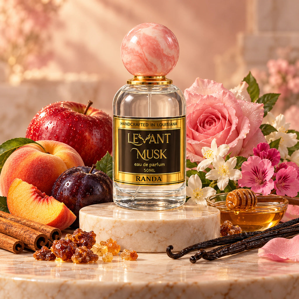 RANDA original-edition fragrance atmospheric product image with fruit, florals and warm gourmand notes