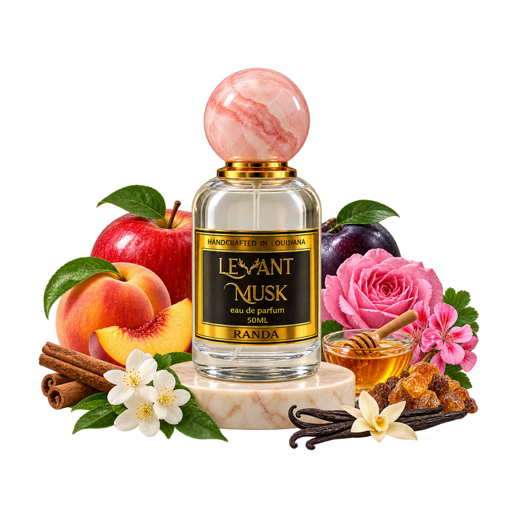 RANDA with original scent notes: apple, peach, plum, cinnamon, rose, jasmine, Bourbon geranium, honey, vanilla and opoponax
