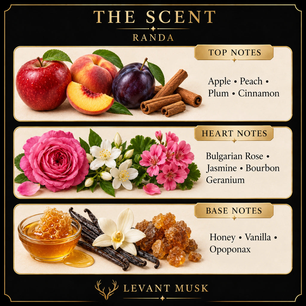RANDA scent card: top apple, peach, plum, cinnamon; heart Bulgarian rose, jasmine, Bourbon geranium; base honey, vanilla, opoponax