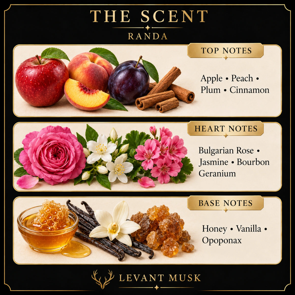 RANDA scent card: top apple, peach, plum, cinnamon; heart Bulgarian rose, jasmine, Bourbon geranium; base honey, vanilla, opoponax