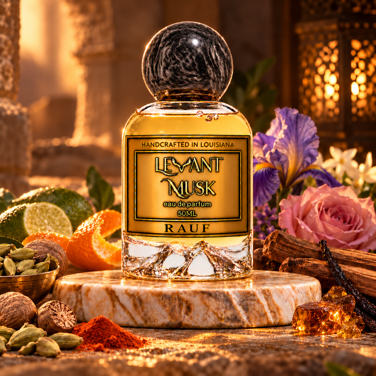 RAUF by Levant Musk fragrance scene with cardamom, nutmeg, paprika, citrus, florals and warm woody base notes.