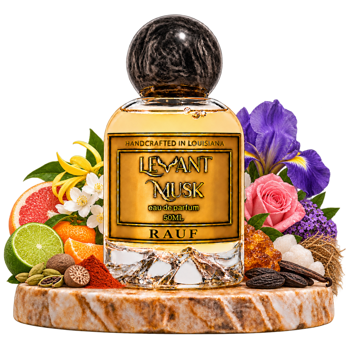 RAUF by Levant Musk bottle with notes on a transparent background: cardamom, nutmeg, paprika, lime, mandarin, grapefruit; iris, ylang-ylang, jasmine, heliotrope, rose; sandalwood, amber, musk, vanilla, tonka bean, cedar and vetiver.