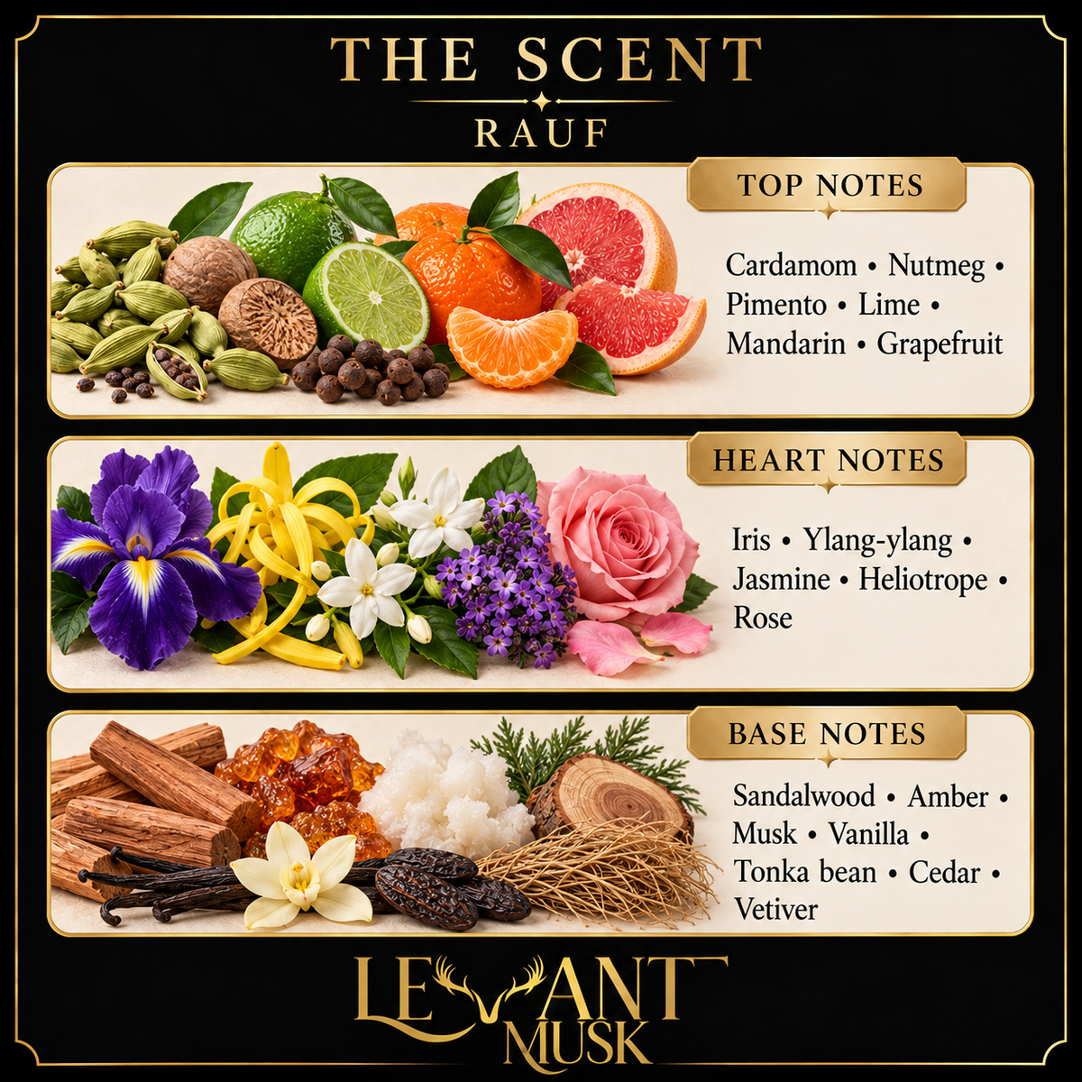 RAUF scent card. Top: Cardamom; Nutmeg; Pimento; Lime; Mandarin; Grapefruit. Heart: Iris; Ylang-ylang; Jasmine; Heliotrope; Rose. Base: Sandalwood; Amber; Musk; Vanilla; Tonka bean; Cedar; Vetiver.