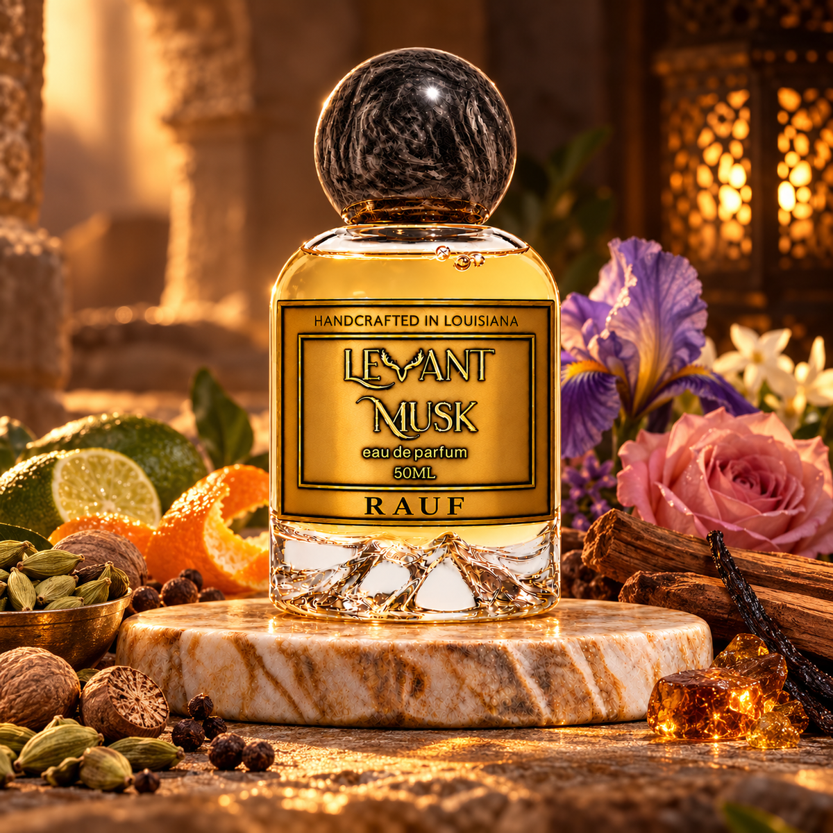 RAUF eau de parfum by Levant Musk on warm marble in an atmospheric setting with fragrance-note ingredients