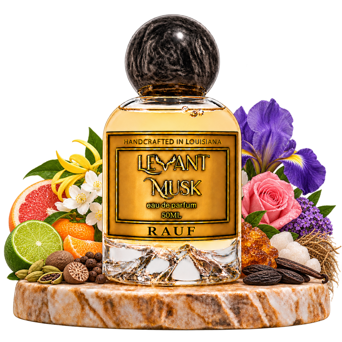 RAUF by Levant Musk on a marble pedestal with fragrance-note ingredients and a transparent background