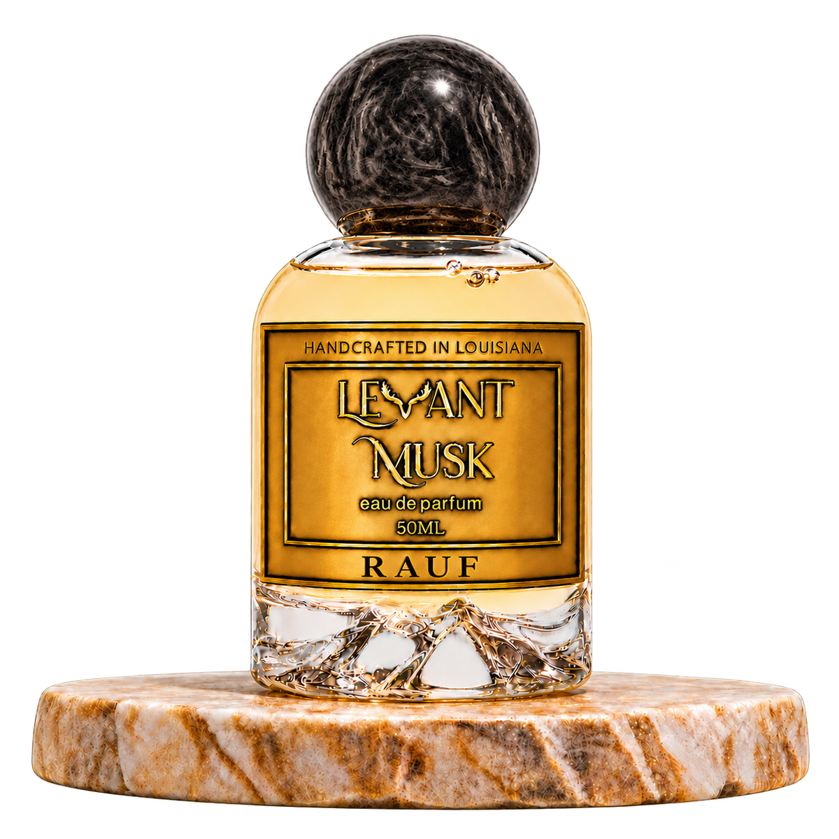 RAUF by Levant Musk, 50 mL eau de parfum with black marbled spherical cap, on a marble pedestal with transparent background