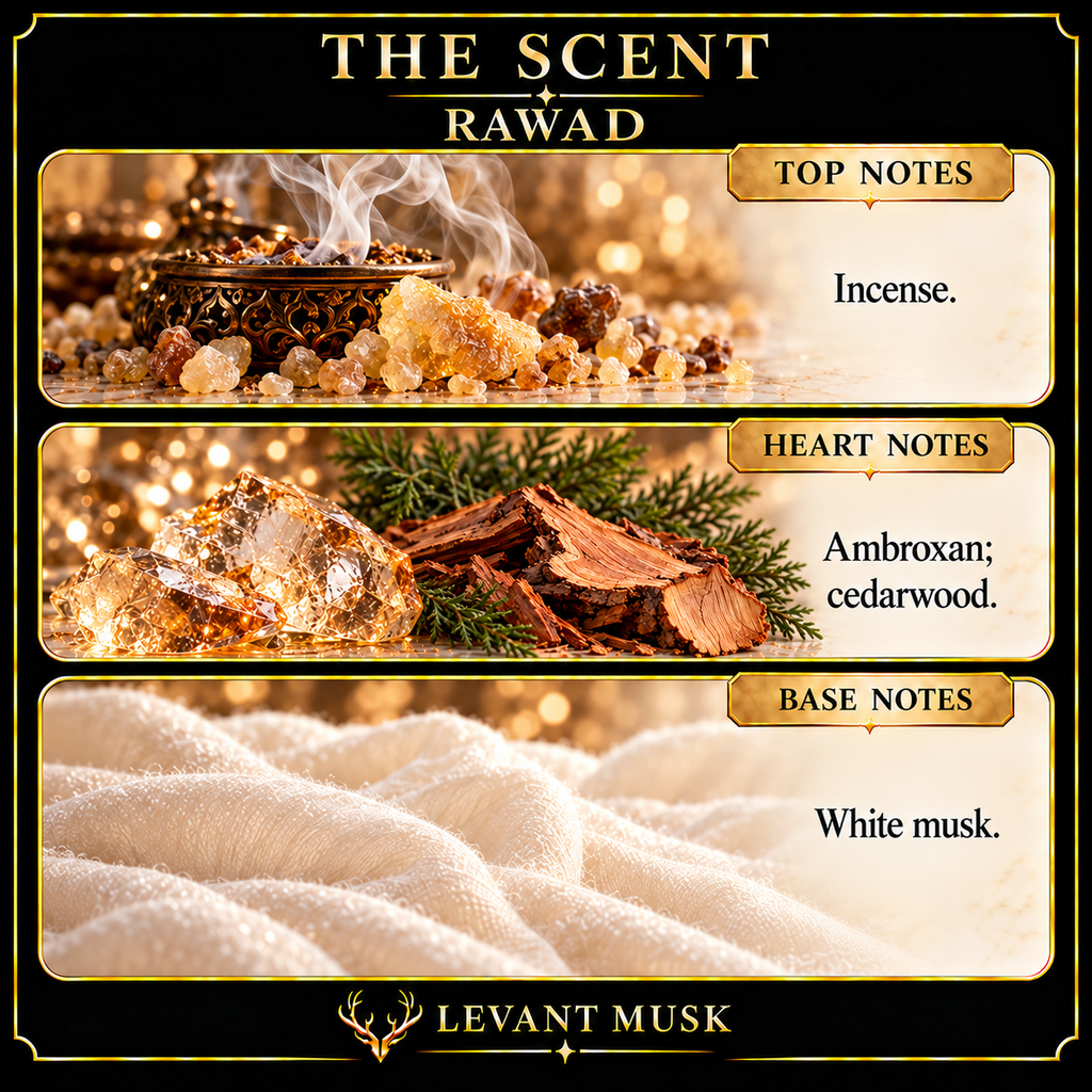 RAWAD by Levant Musk note card. Top: incense. Heart: ambroxan, cedarwood. Base: white musk.