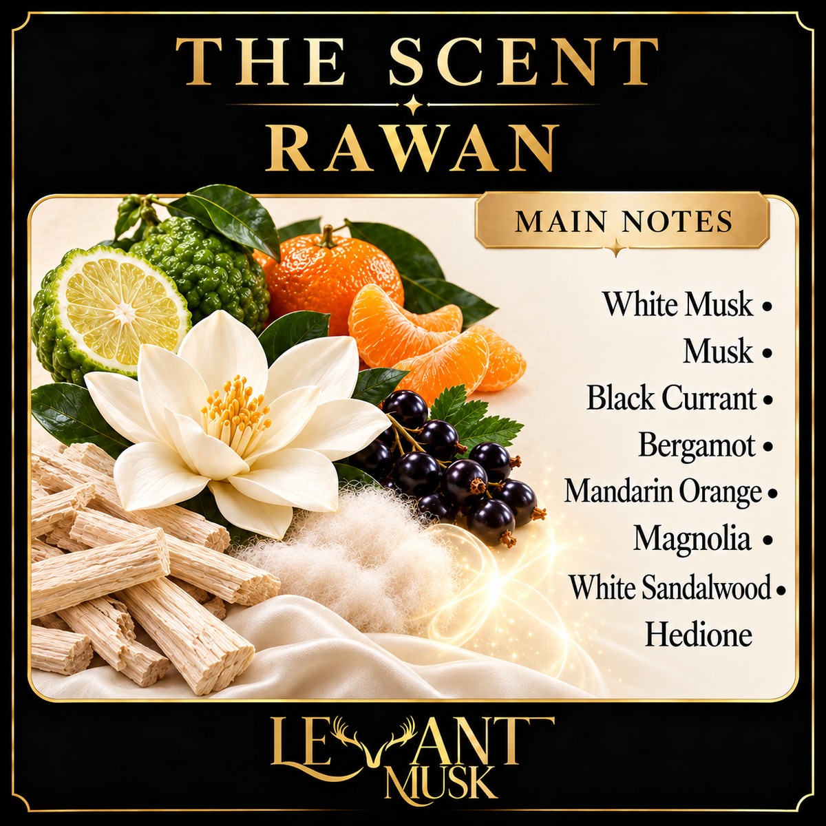 RAWAN Main Notes: White Musk; Musk; Black Currant; Bergamot; Mandarin Orange; Magnolia; White Sandalwood; Hedione