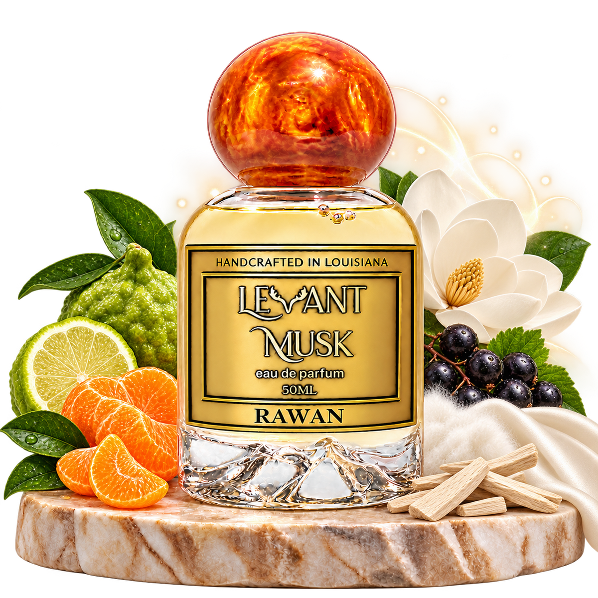 RAWAN by Levant Musk bottle with its approved fragrance notes on transparent background