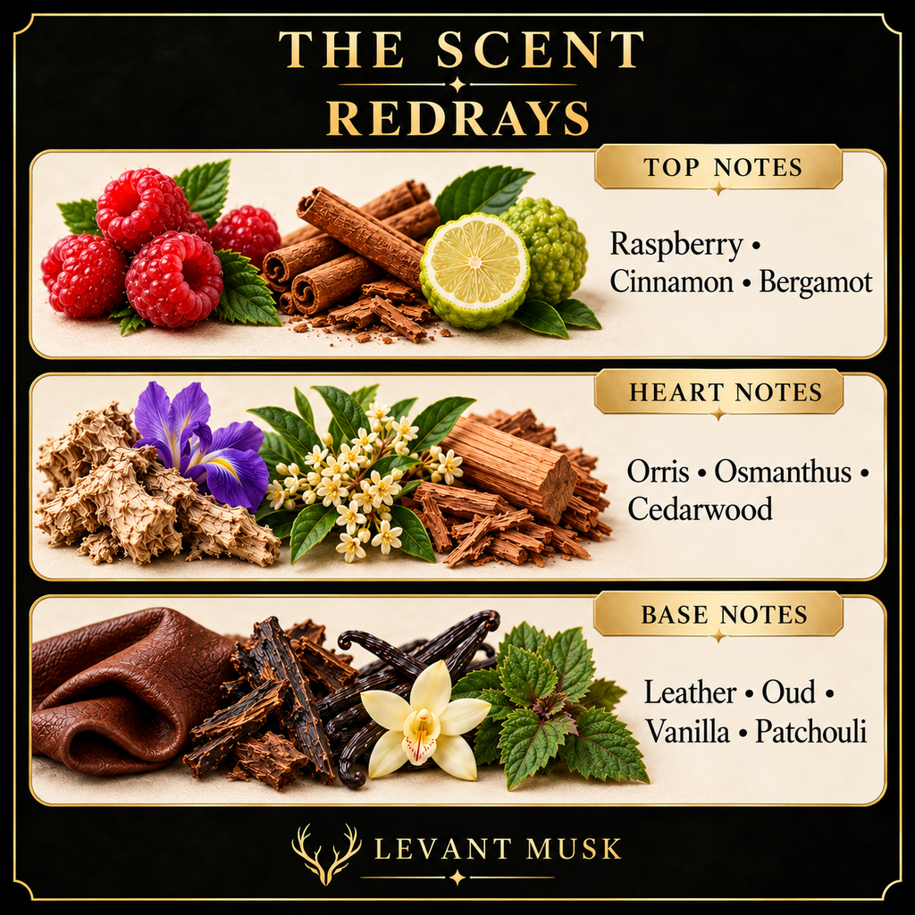 REDRAYS fragrance notes: Raspberry, Cinnamon, Bergamot; Orris, Osmanthus, Cedarwood; Leather, Oud, Vanilla, Patchouli