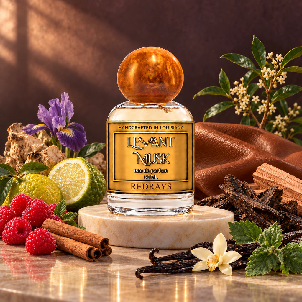 REDRAYS by Levant Musk, orange-gold-cap 50 mL bottle in an atmospheric fragrance setting