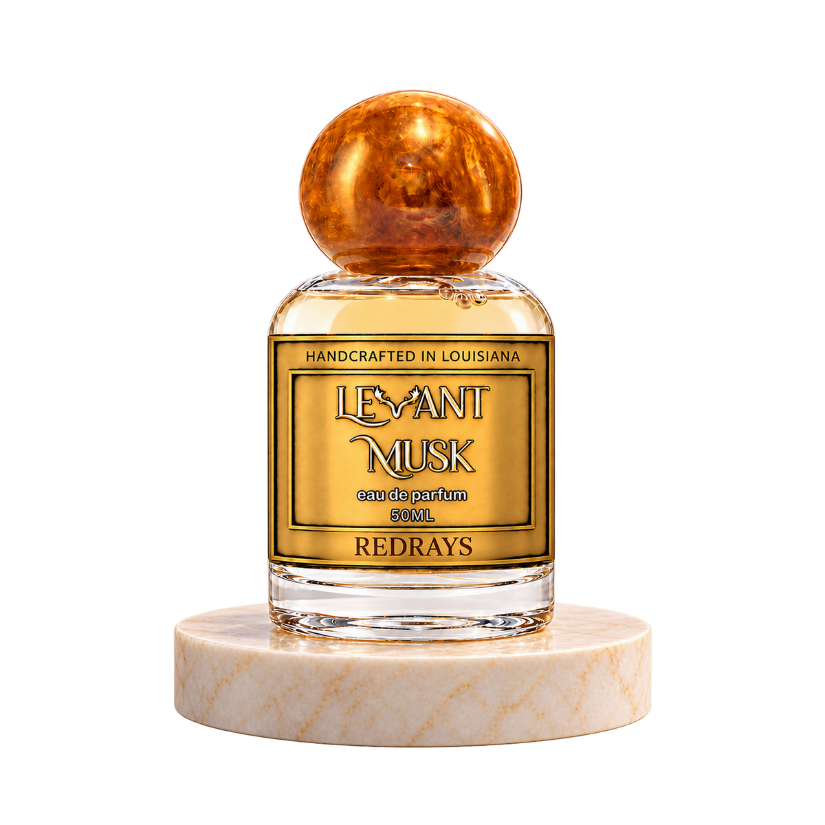 REDRAYS 50 mL Levant Musk bottle with orange-gold cap on marble with transparent outer background
