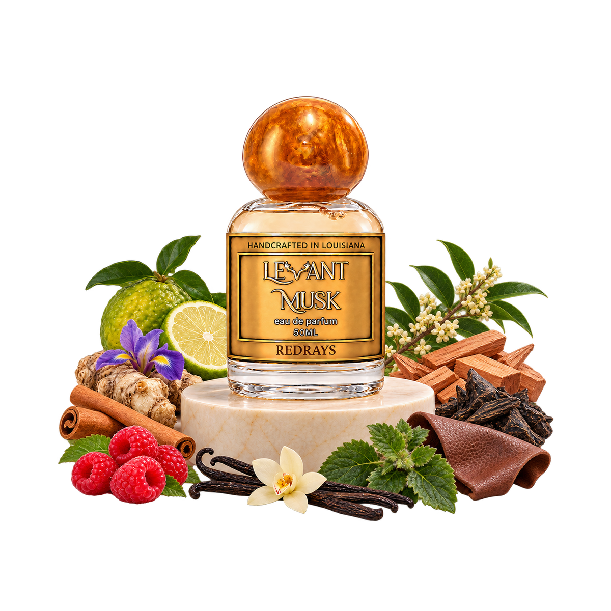 REDRAYS 50 mL Levant Musk bottle with fragrance-note props on a transparent background
