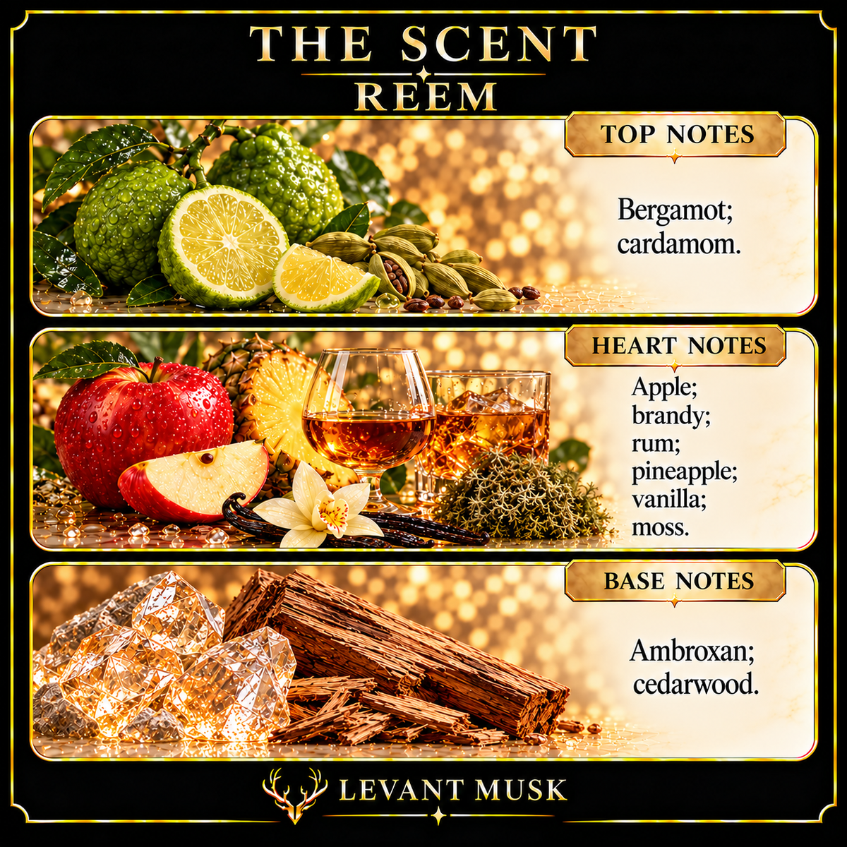 REEM by Levant Musk note card. Top: bergamot, cardamom. Heart: apple, brandy, rum, pineapple, vanilla, moss. Base: ambroxan, cedarwood.