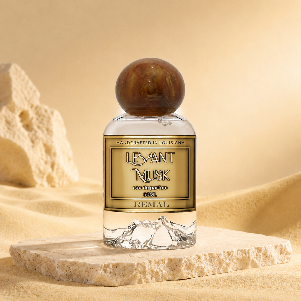 Levant Musk Remal perfume bottle styled with notes of whisky cream, cacao, and tonka bean.
