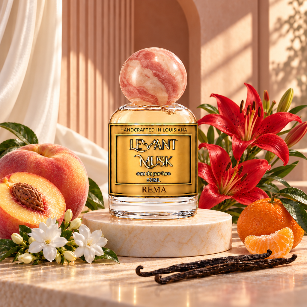 REMA by Levant Musk, pink-cap 50 mL bottle in an atmospheric fragrance setting
