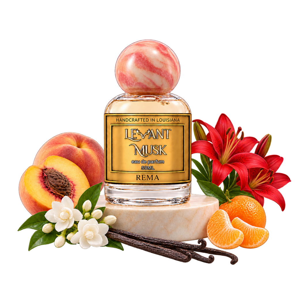 REMA 50 mL Levant Musk bottle with fragrance-note props on a transparent background