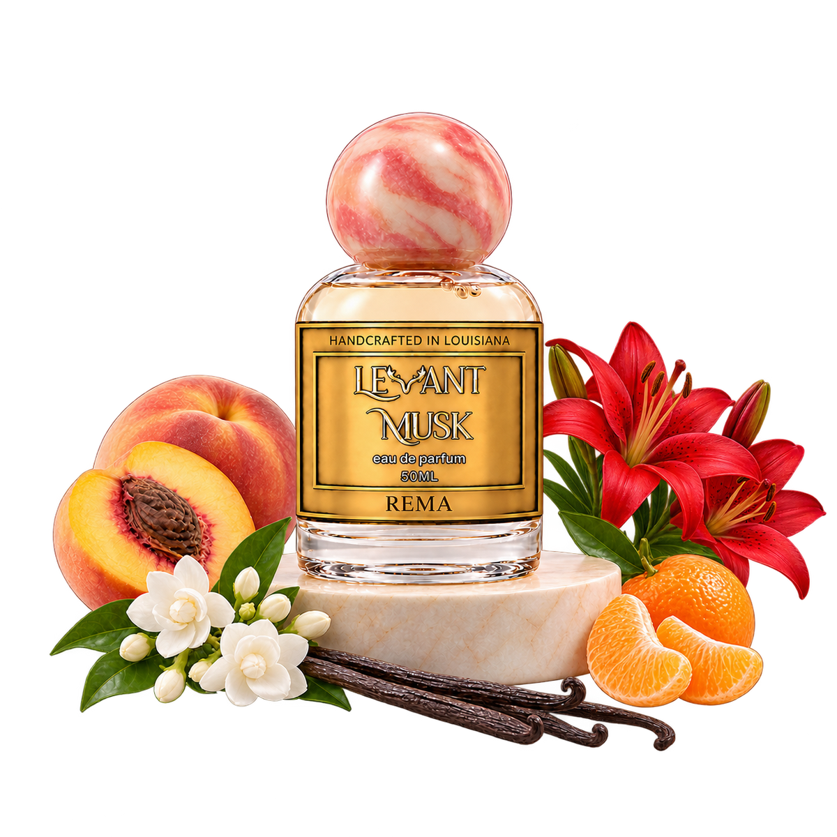 REMA 50 mL Levant Musk bottle with fragrance-note props on a transparent background
