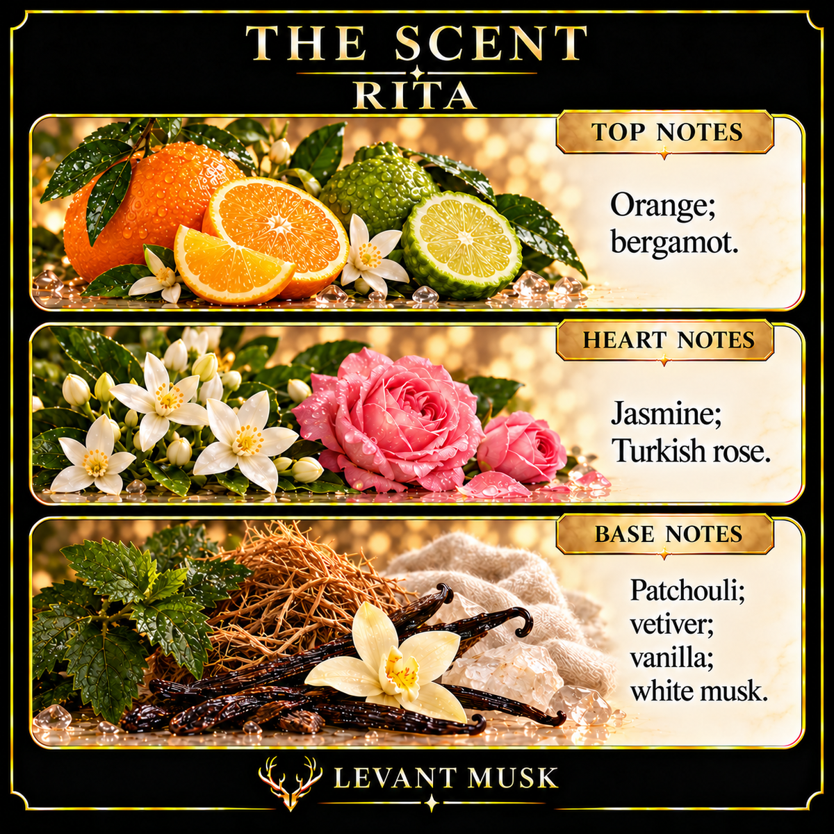 RITA by Levant Musk scent notes: orange, bergamot; jasmine and Turkish rose; patchouli, vetiver, vanilla and white musk.