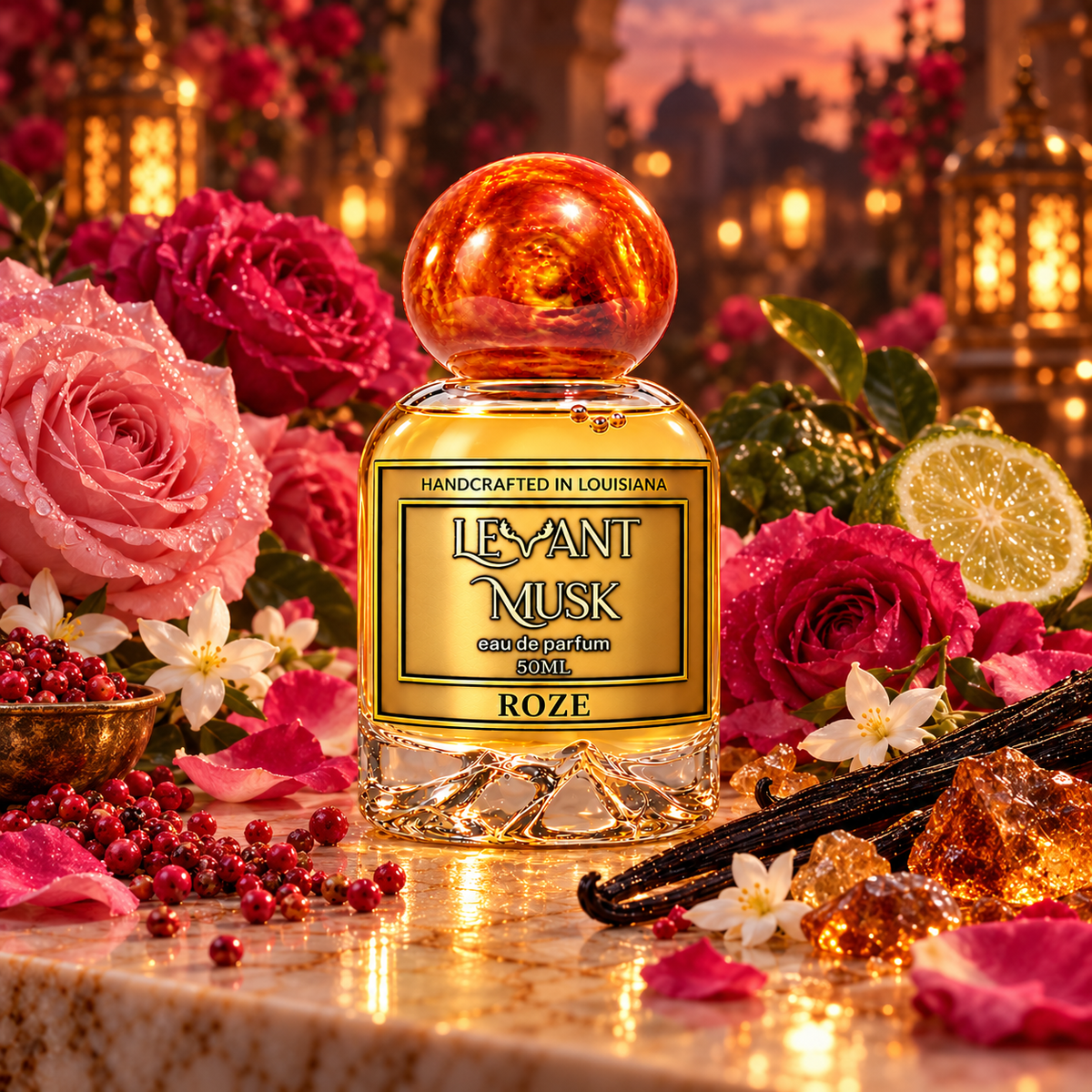ROZE 50 mL Eau de Parfum with rose, jasmine and vanilla in an atmospheric setting