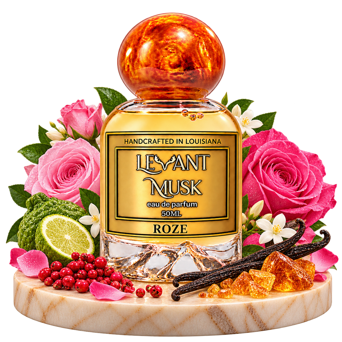 ROZE orange-cap perfume bottle with rose, jasmine, pink pepper, bergamot and vanilla props