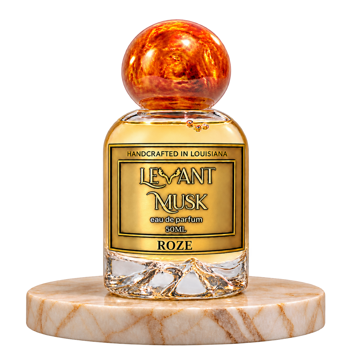 ROZE 50 mL Eau de Parfum bottle on a marble pedestal