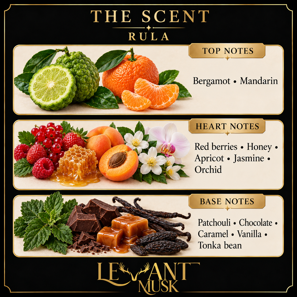 RULA scent notes. Top: Bergamot; mandarin. Heart: Red berries; honey; apricot; jasmine; orchid. Base: Patchouli; chocolate; caramel; vanilla; tonka bean.