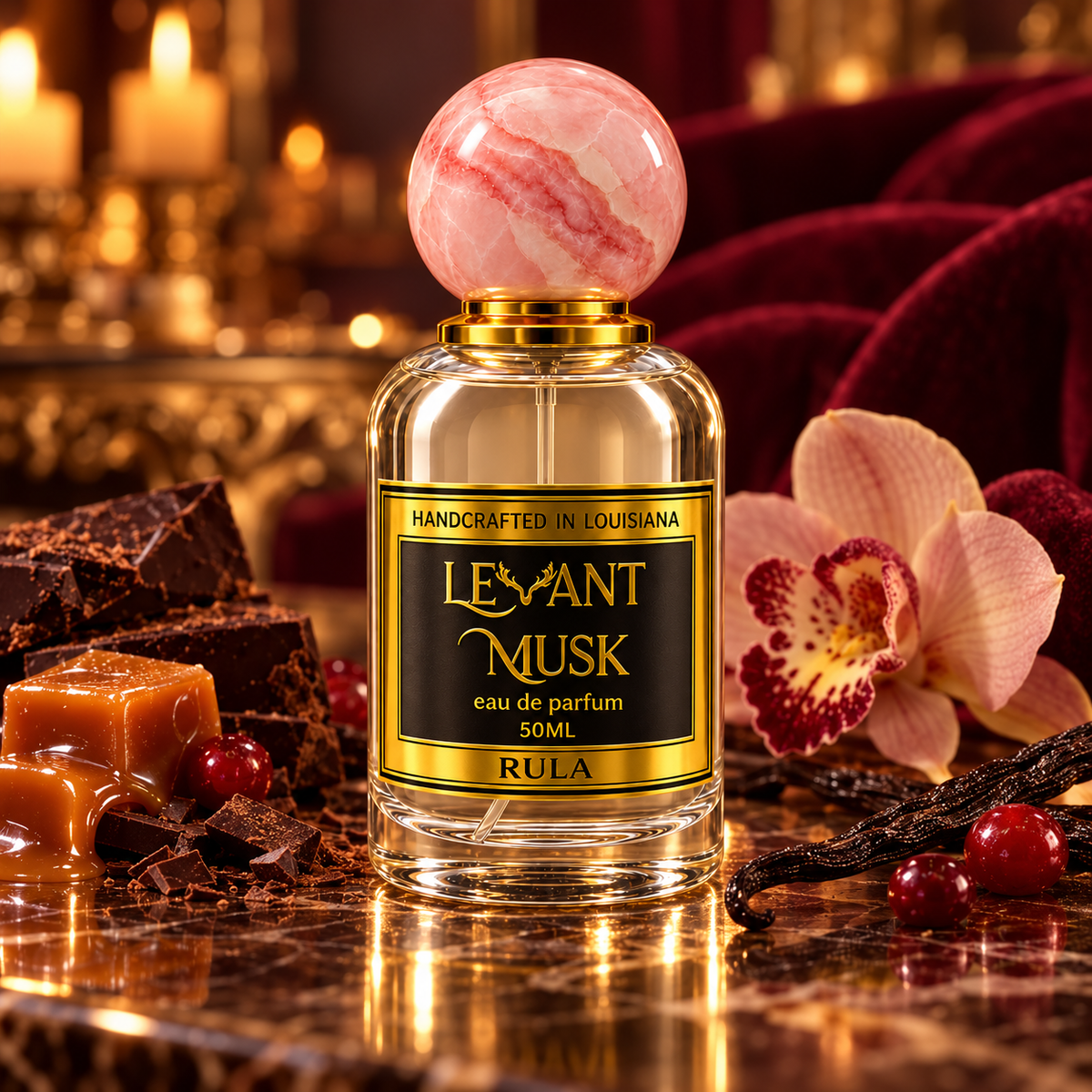 RULA Levant Musk eau de parfum in a cinematic scent-inspired setting.
