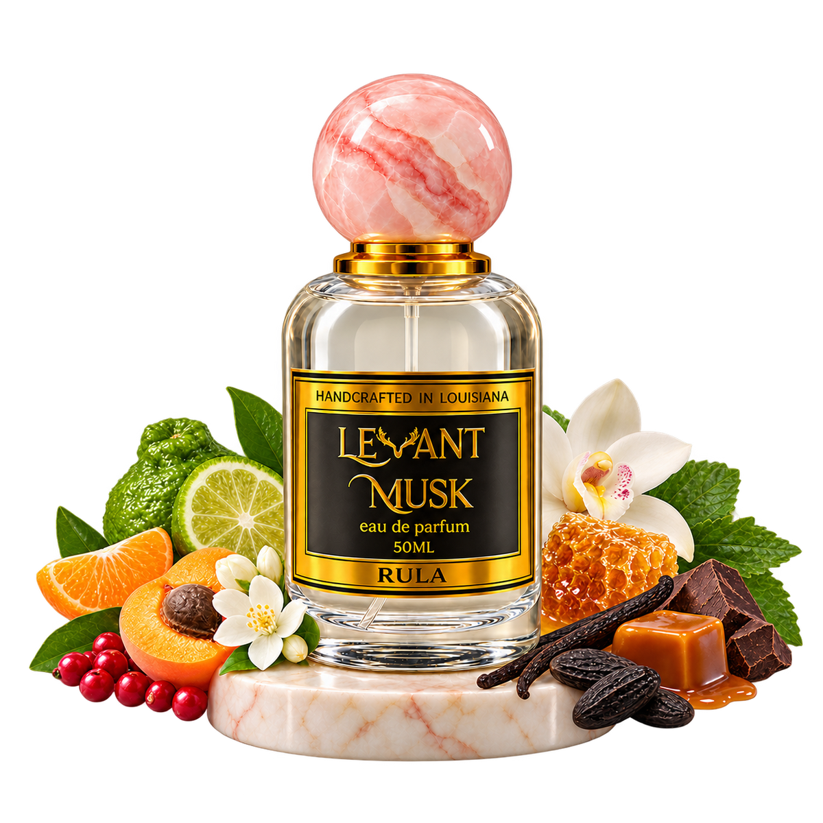 RULA by Levant Musk surrounded by selected scent-note illustrations, transparent background.