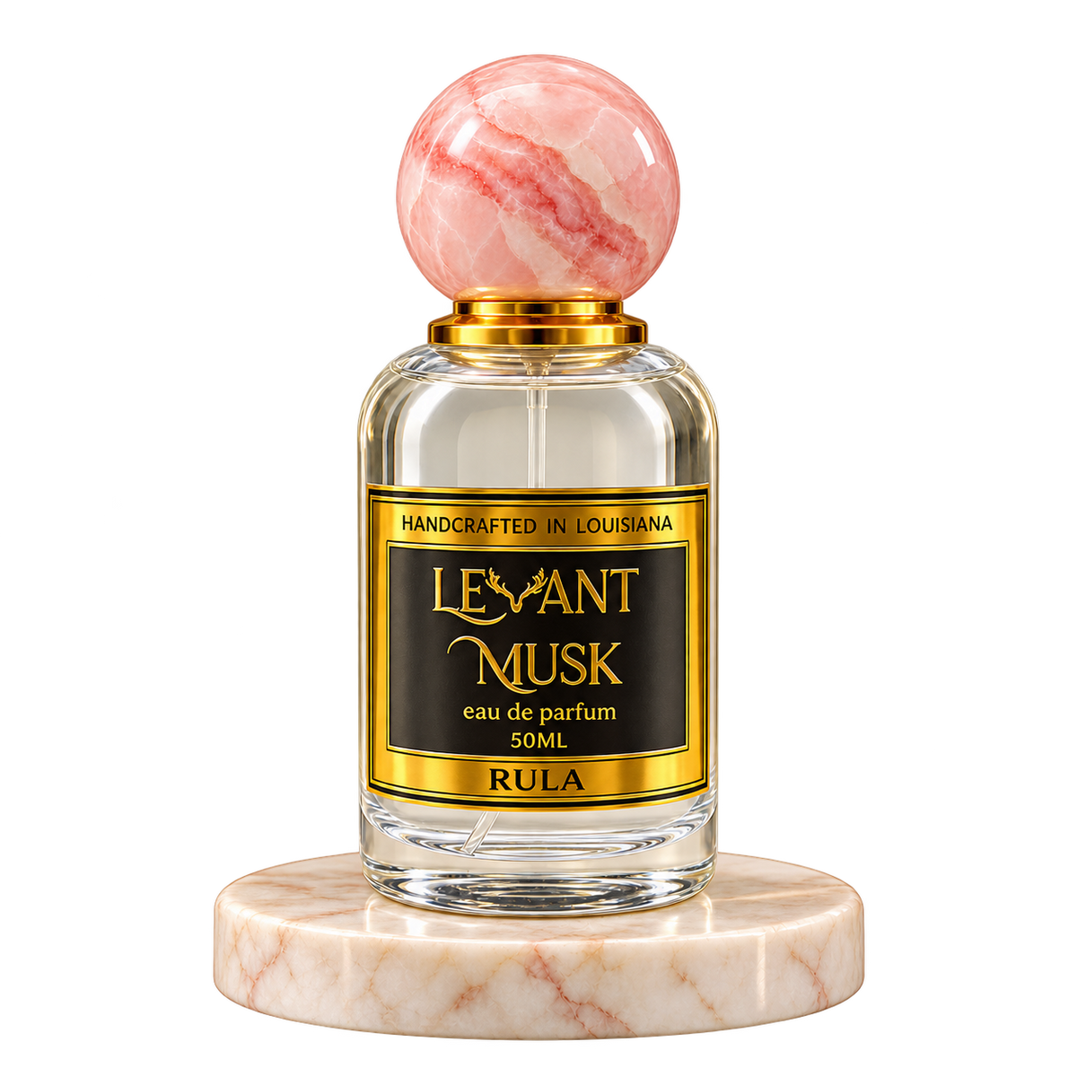 RULA by Levant Musk, 50 mL eau de parfum with a pink marble cap on a cream marble plinth, transparent background.