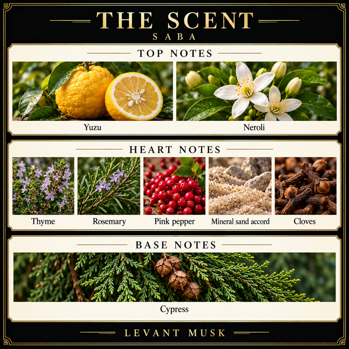 SABA by Levant Musk note card. Top: yuzu; neroli. Heart: thyme; rosemary; pink pepper; mineral sand accord; cloves. Base: cypress.