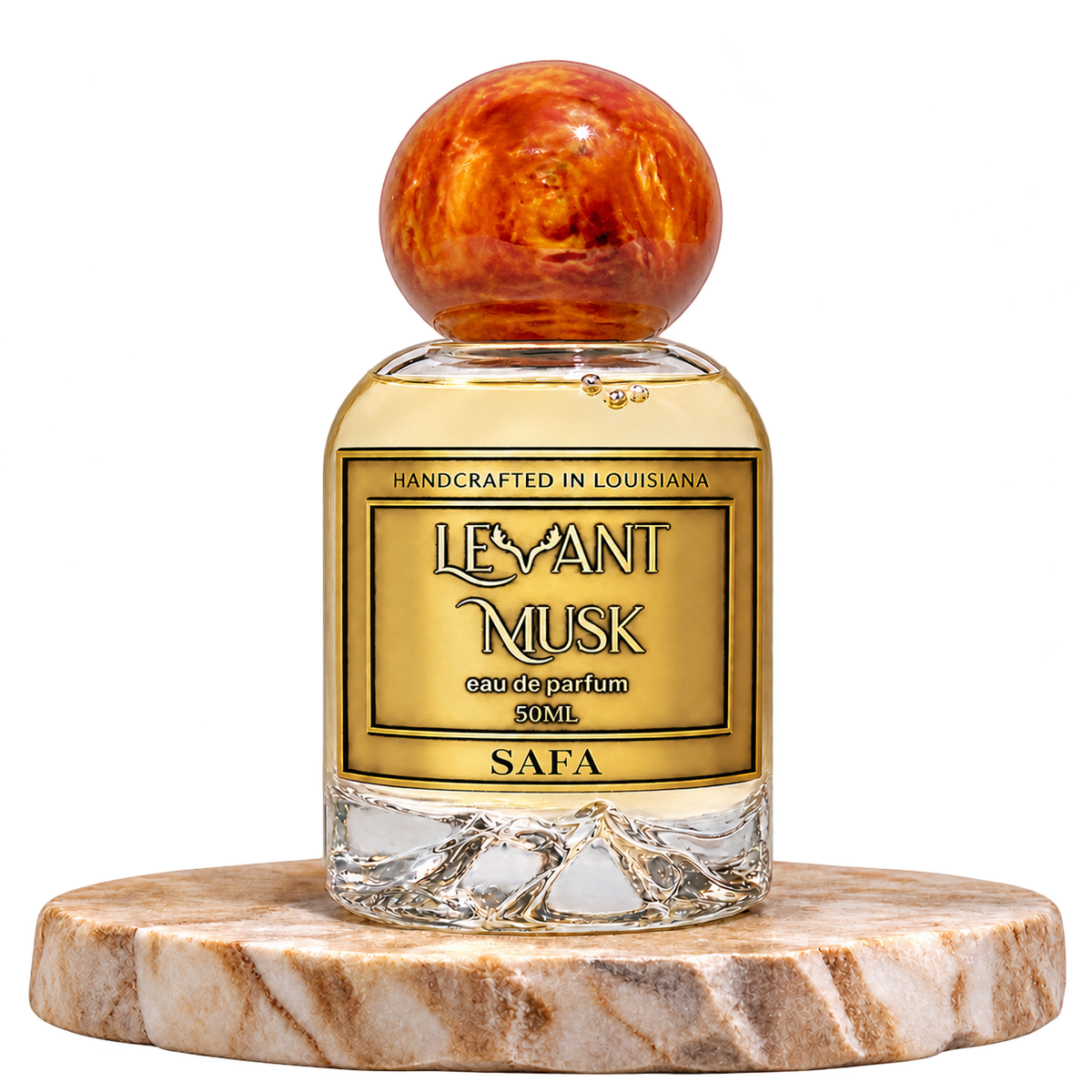 SAFA by Levant Musk, 50 mL perfume bottle with an orange cap on a cream pedestal, transparent background