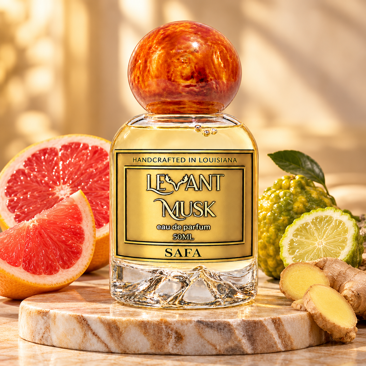 SAFA by Levant Musk with grapefruit, bergamot and fresh ginger in a warm grounded studio scene